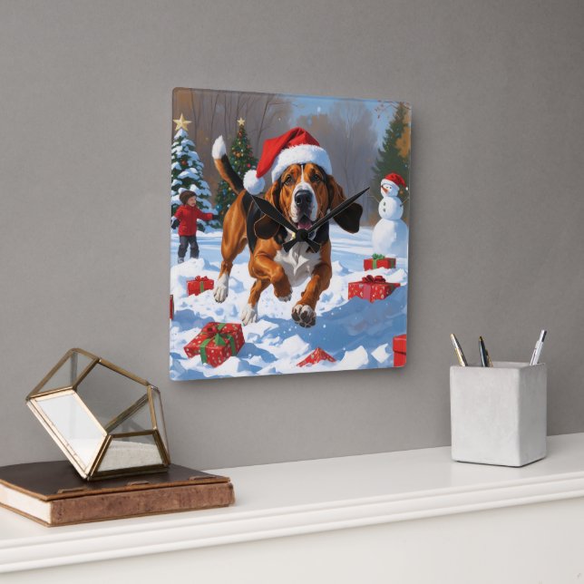 Treeing Walker Coonhound Snow with Christmas Hat Square Wall Clock (Office)