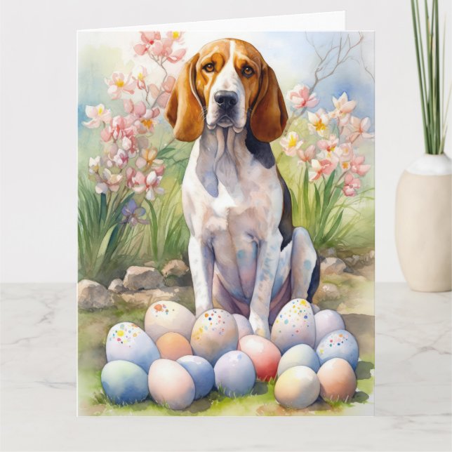 Treeing Walker Coonhound with Easter Eggs Holiday Card (Front)