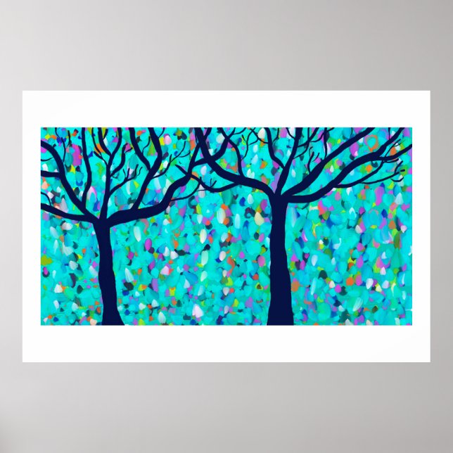 Trees against colourful blue abstract background poster (Front)
