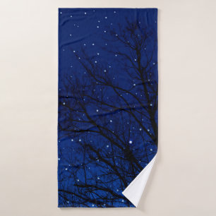 Trees against starry sky background. Trees at nigh Bath Towel