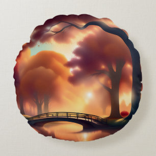 Trees and Bridge Artistic Fall Round Pillow
