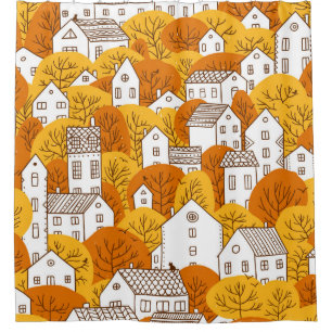Trees and houses seamless pattern. Autumn, fall ci