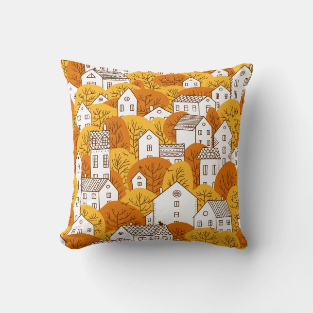 Trees and houses seamless pattern. Autumn, fall ci Throw Pillow (Front)