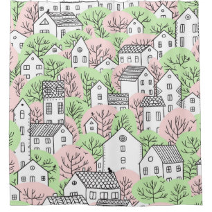 Trees and houses seamless pattern. Spring and summ