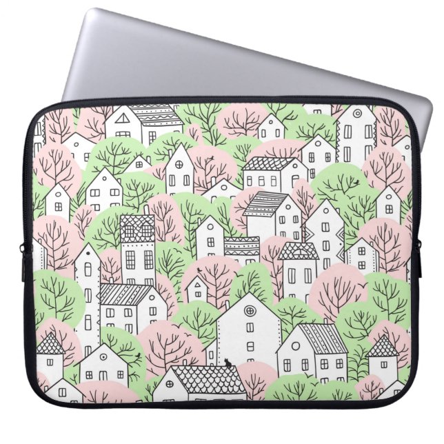 Trees and houses seamless pattern. Spring and summ Laptop Sleeve (Front)