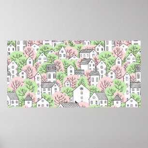 Trees and houses seamless pattern. Spring and summ Poster