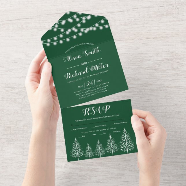 Trees and lights emerald green winter wedding all in one invitation (Tearaway)