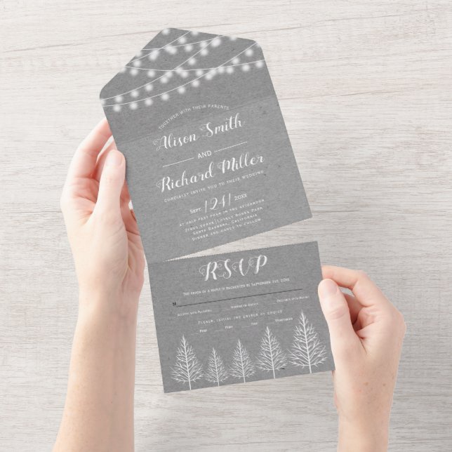 Trees and lights grey kraft paper winter wedding all in one invitation (Tearaway)
