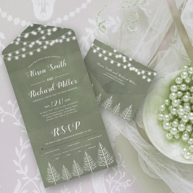 Trees and lights limed ash green wedding all in one invitation (Creator Uploaded)