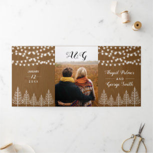 Trees and lights rustic brown wood winter wedding Tri-Fold invitation