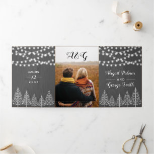 Trees and lights rustic grey wood winter wedding Tri-Fold invitation