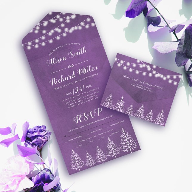 Trees and lights stained purple winter wedding all in one invitation (Creator Uploaded)