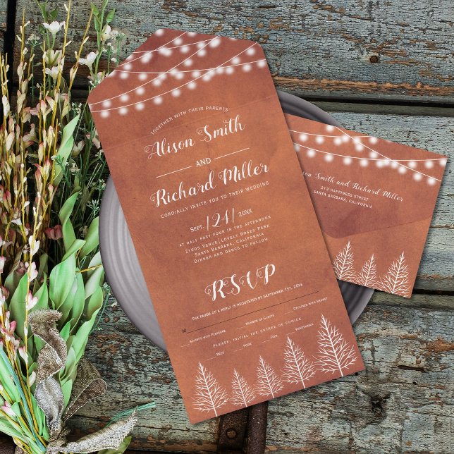 Trees and lights stained terracotta fall wedding all in one invitation (Creator Uploaded)