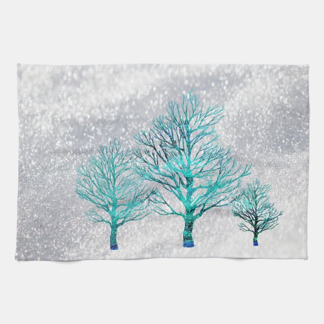 Trees and Snow Crystals Kitchen Towel (Horizontal)