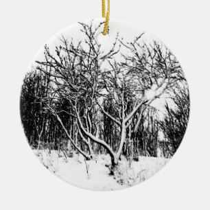 Trees and Snow Scene, Black and White Ceramic Ornament