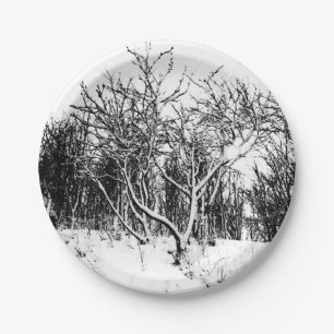 Trees and Snow Scene, Black and White Paper Plate