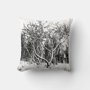 Trees and Snow Scene, Black and White Throw Pillow
