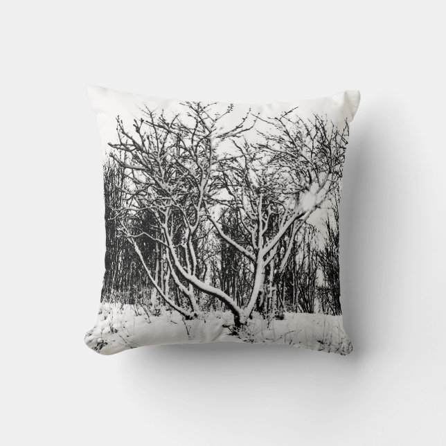 Trees and Snow Scene, Black and White Throw Pillow (Front)