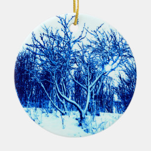 Trees and Snow Scene, Cobalt Blue Ceramic Ornament
