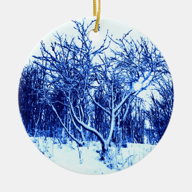 Trees and Snow Scene, Cobalt Blue Ceramic Ornament (Front)