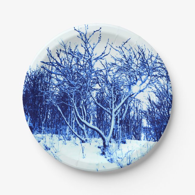 Trees and Snow Scene, Cobalt Blue Paper Plate (Front)