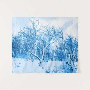 Trees and Snow Winter Scene, Cobalt Blue Tapestry