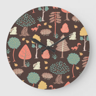 Trees Animals: Hand-Drawn Nature Scene. Large Clock