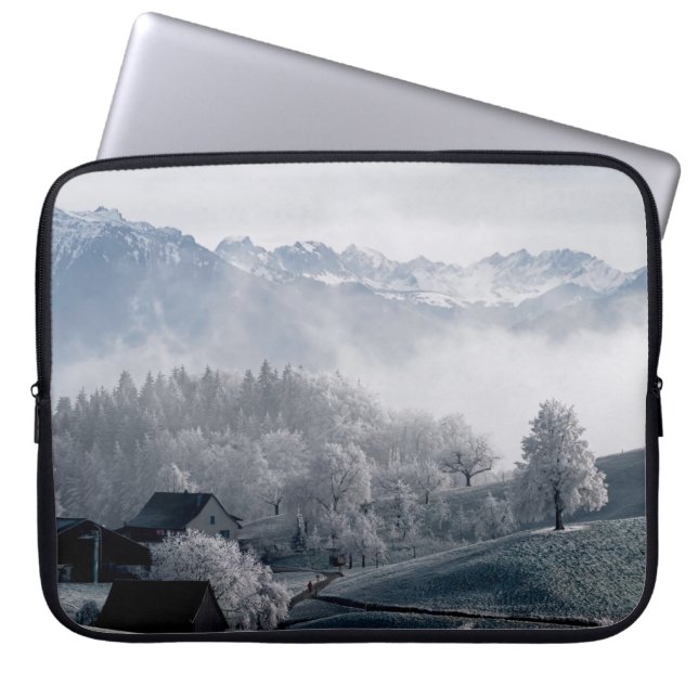 TREES BESIDE SNOW CAPPED MOUNTAIN DURING DAYTIME LAPTOP SLEEVE (Front)