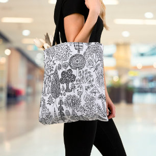 Trees Black and White Hand Drawn Modern Art Tote Bag