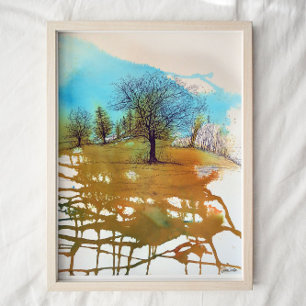 Trees Blue Rust Watercolor Ink Tree Art Print