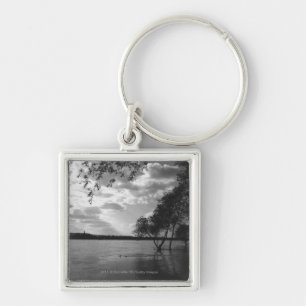 Trees by lake B&W Keychain