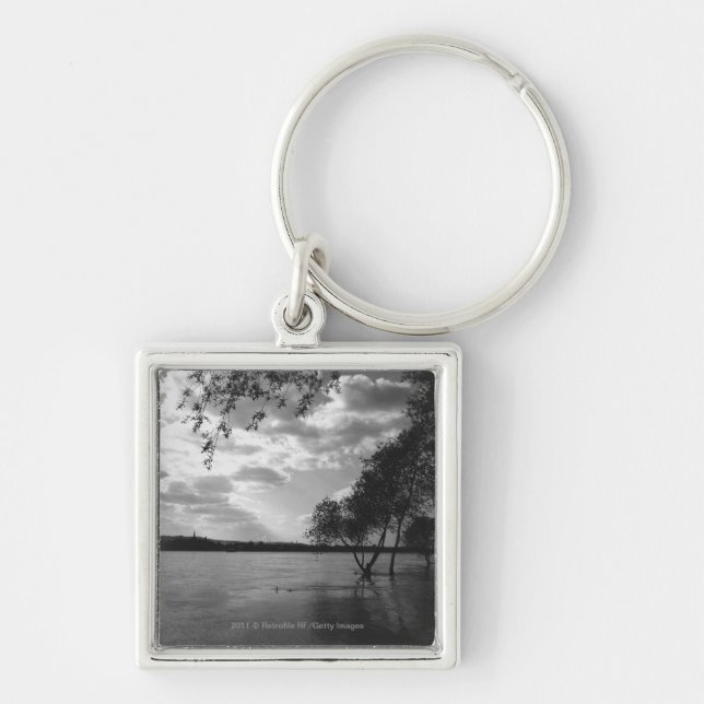 Trees by lake B&W Keychain (Front)