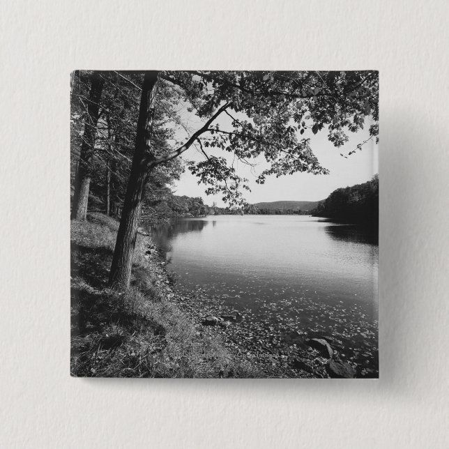 Trees by river B&W 2 Inch Square Button (Front)
