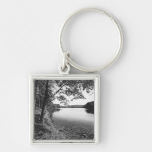 Trees by river B&W Keychain