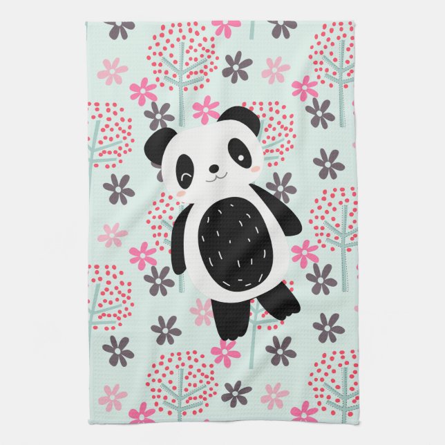 Trees, Flowers, and Panda Bears Kitchen Towel (Vertical)