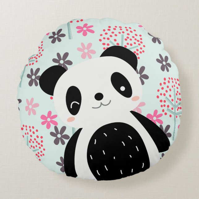 Trees, Flowers, and Panda Bears Round Pillow (Front)