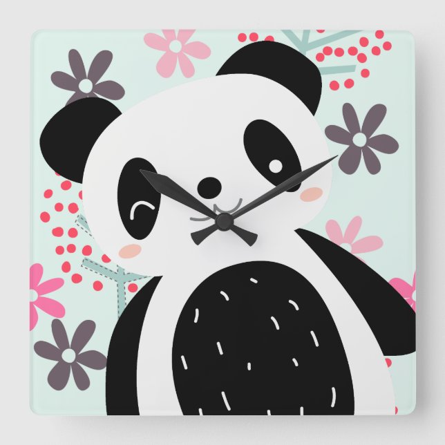 Trees, Flowers, and Panda Bears Square Wall Clock (Front)