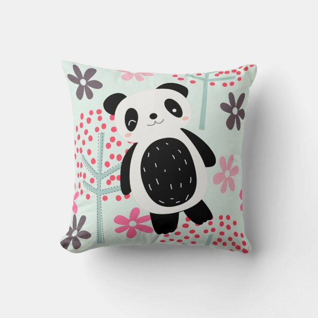 Trees, Flowers, and Panda Bears Throw Pillow (Front)