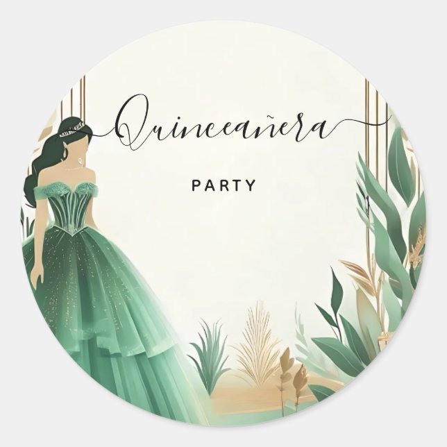 Trees Gold Mint Glam Emerald Green Quinceanera Classic Round Sticker (Front)