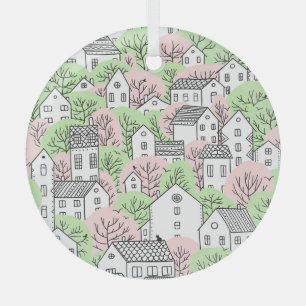 Trees, houses, spring city landscape glass ornament