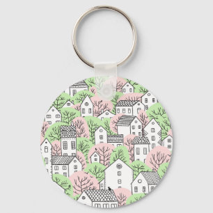 Trees, houses, spring city landscape keychain