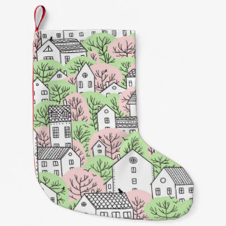 Trees, houses, spring city landscape small christmas stocking