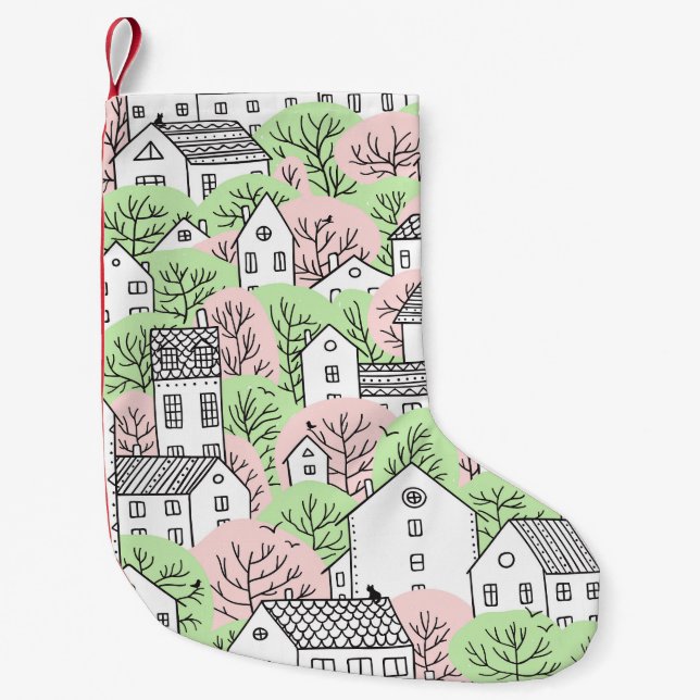 Trees, houses, spring city landscape small christmas stocking (Front)