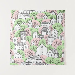 Trees, houses, spring city landscape tapestry