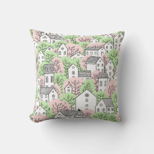 Trees, houses, spring city landscape throw pillow