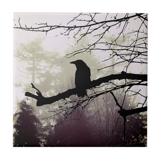 Trees in Fog with a Raven ceramic Tile (Front)
