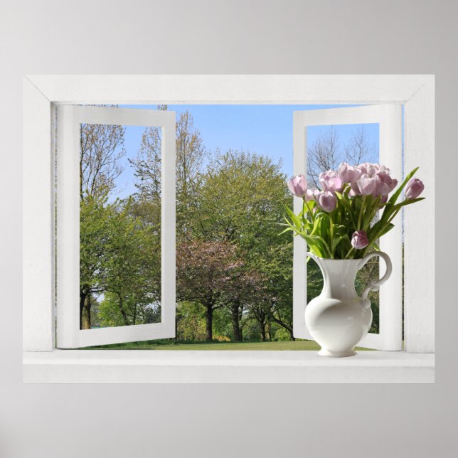 Trees in Springtime - Open Window View with Tulips Poster (Front)
