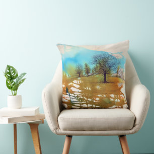 Trees Landscape Watercolor Art Throw Pillow