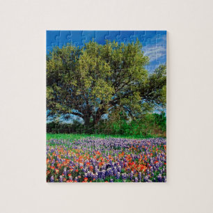 Trees Live Oak Among Texas Bluebonnets Jigsaw Puzzle
