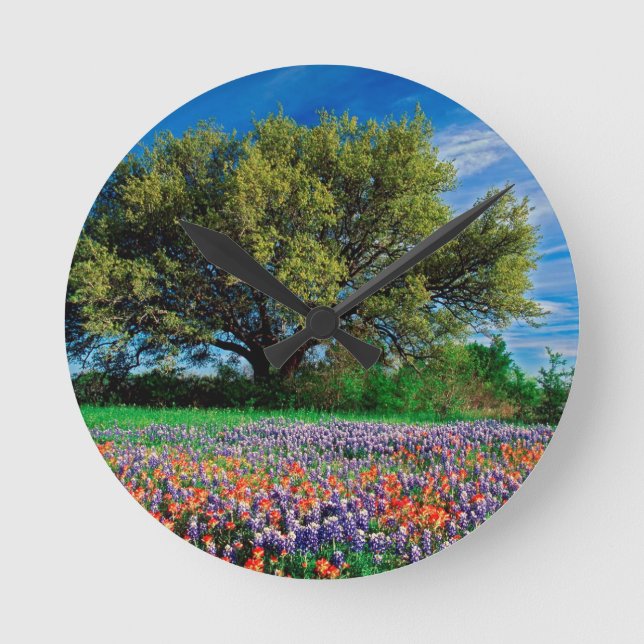 Trees Live Oak Among Texas Bluebonnets Round Clock (Front)